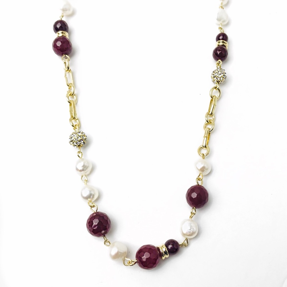 Multi Faceted Beads Crystal Pearl Chain Necklace - Picture 2 of 4